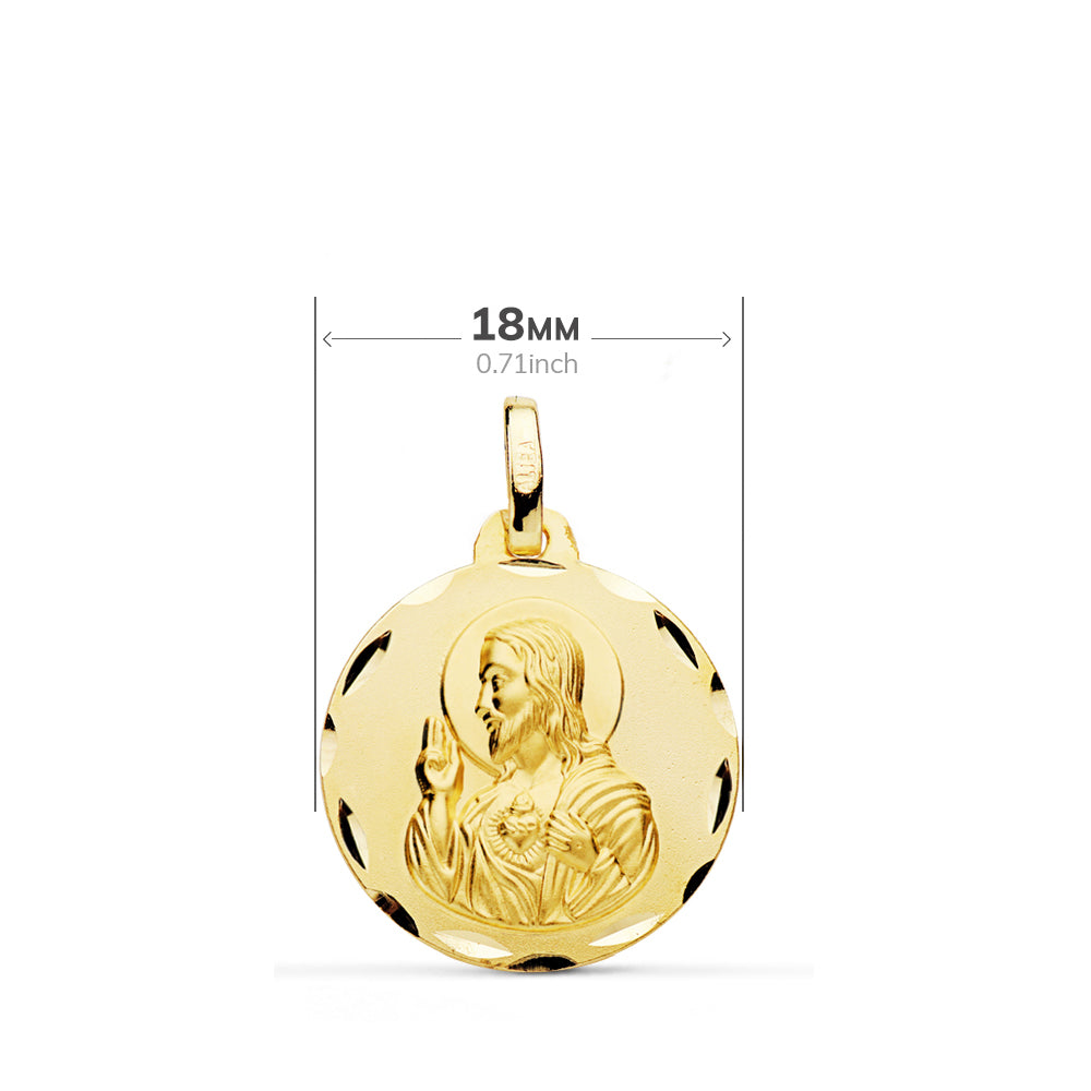 18K ESCAPULARIO ORO AMARILLO TALLADO VIRGEN DEL CARMEN CORAZON DE JESUS 18 MM