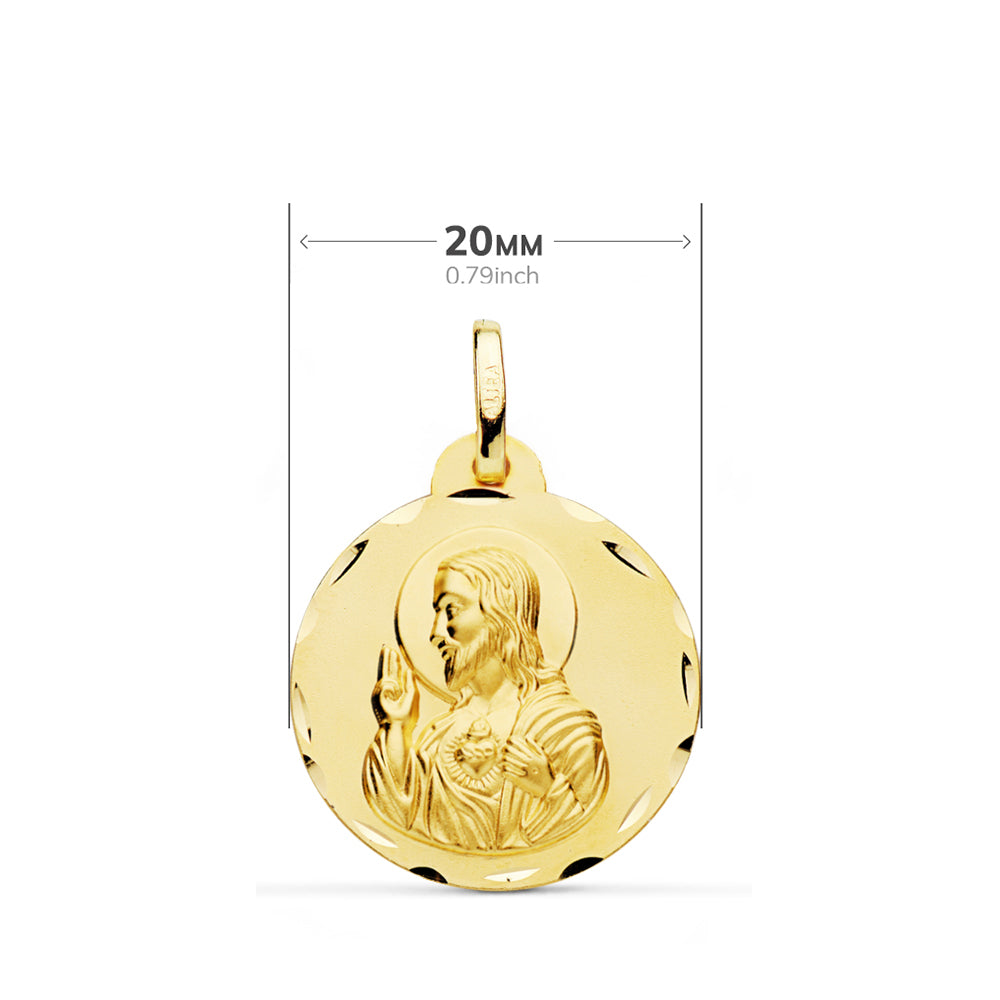 9K ESCAPULARIO ORO AMARILLO TALLADO VIRGEN DEL CARMEN Y CORAZON DE JESUS 20 MM
