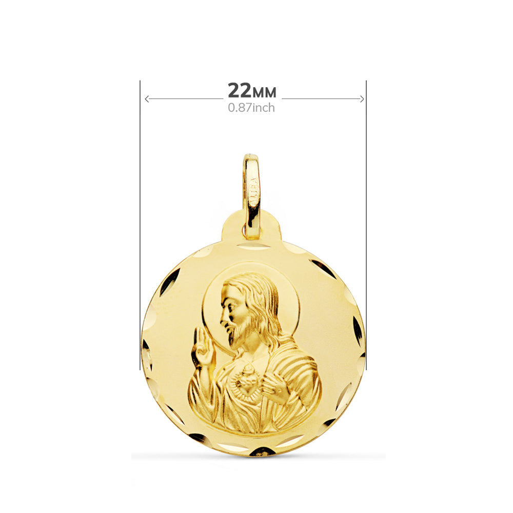 9K ESCAPULARIO ORO AMARILLO TALLADO VIRGEN DEL CARMEN Y CORAZON DE JESUS 22 MM