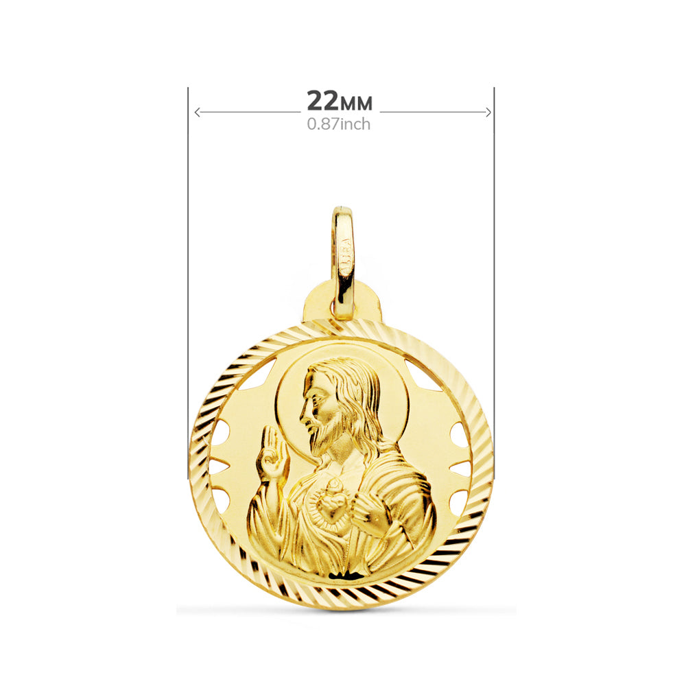 18K ESCAPULARIO ORO AMARILLO HELICE CALADO VIRGEN CARMEN Y CORAZON DE JESUS 22 MM