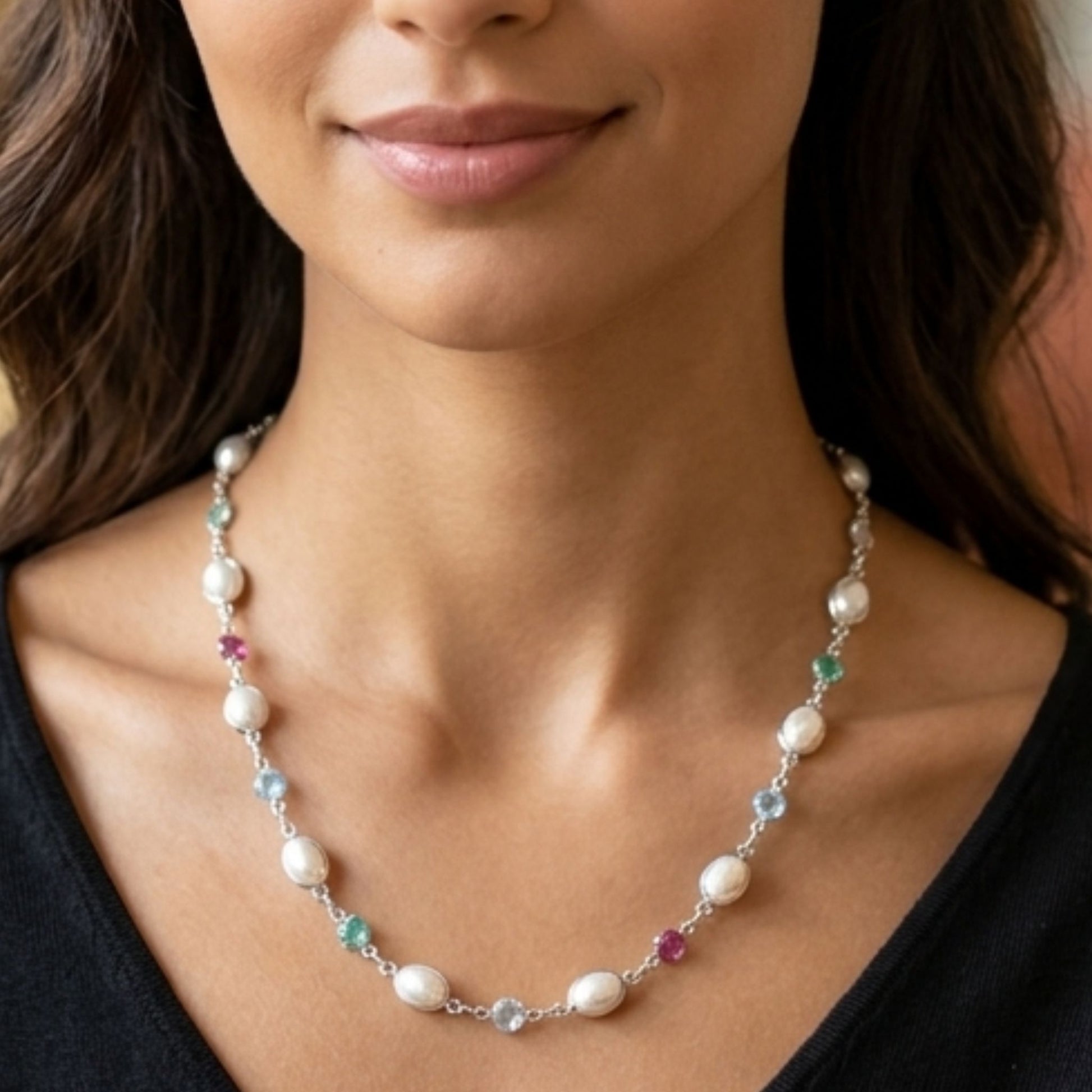 collar gargantilla acero plateado perlas circonitas color mujer diseño