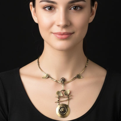 Chica luciendo collar de bronce diseño joyería osnor moda mujer arte escultura artesanía hoja