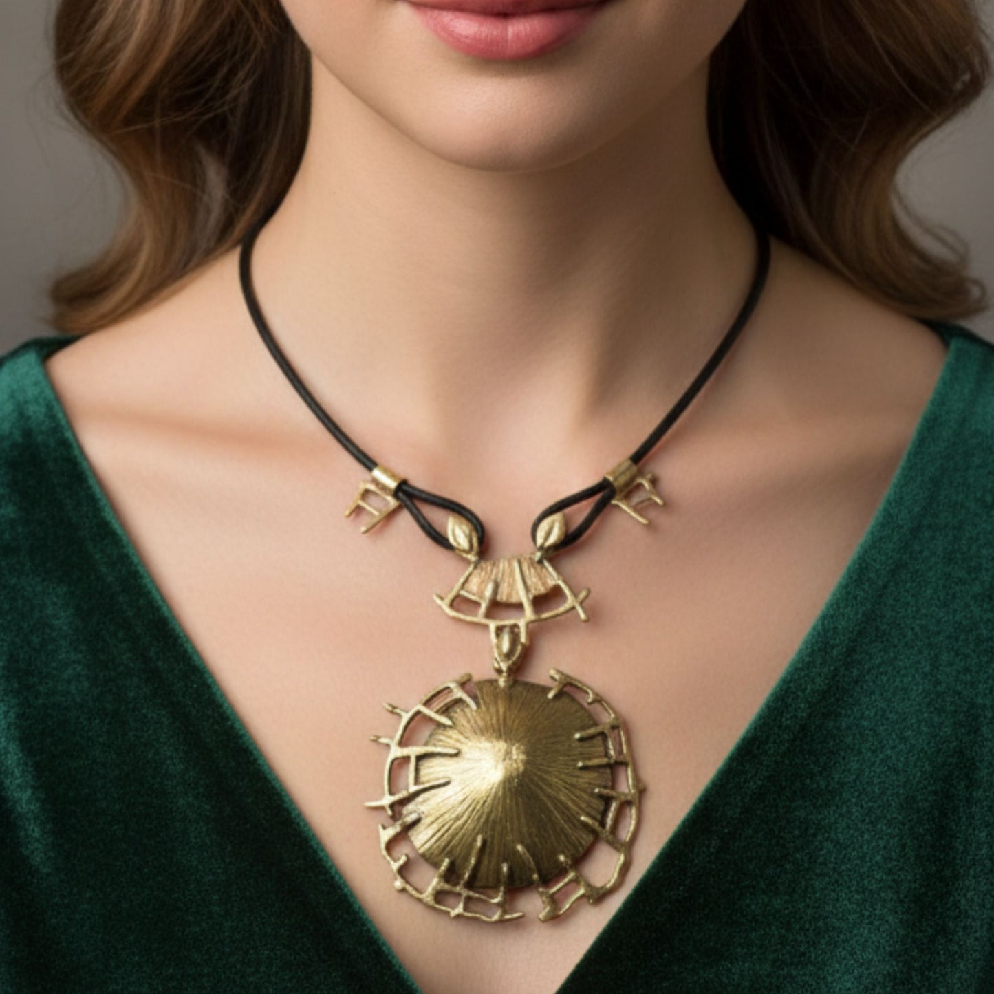 Chica luciendo Collar de bronce diseño de joyería Osnor vintage 