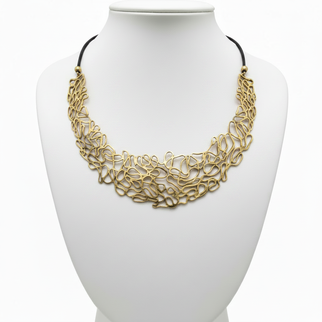 Collar dorado en expositor blanco
