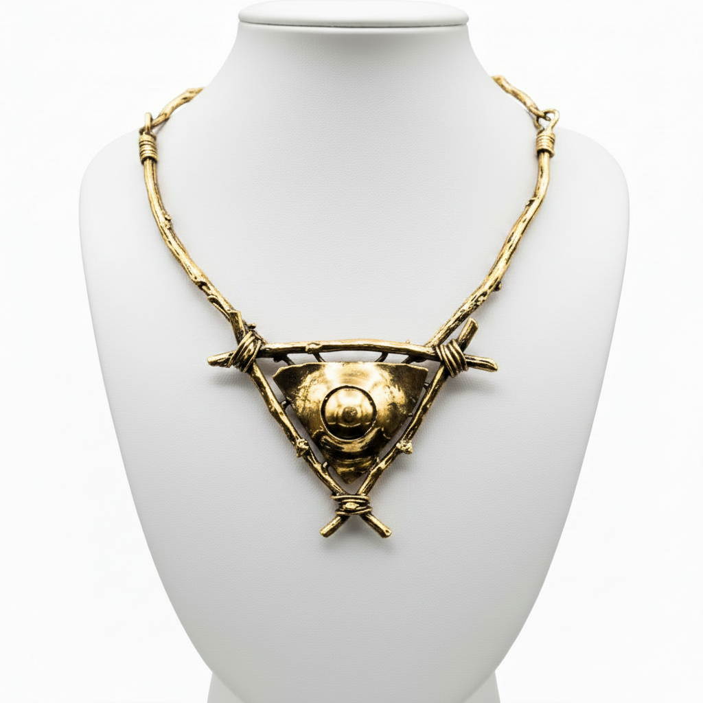 Collar dorado sobre expositor blanco