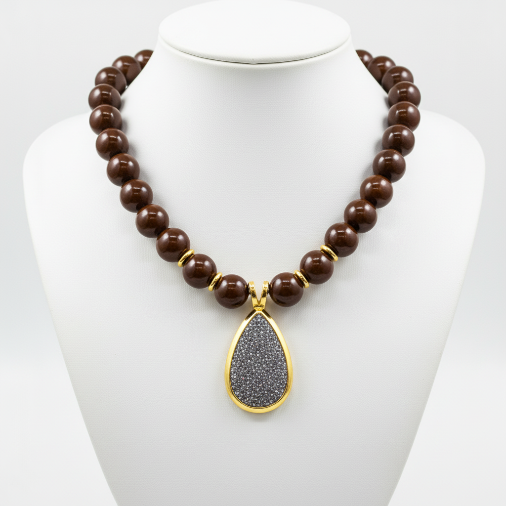 Collar en expositor blanco bolas marron acero dorado diseño joyeria osnor colgante gota