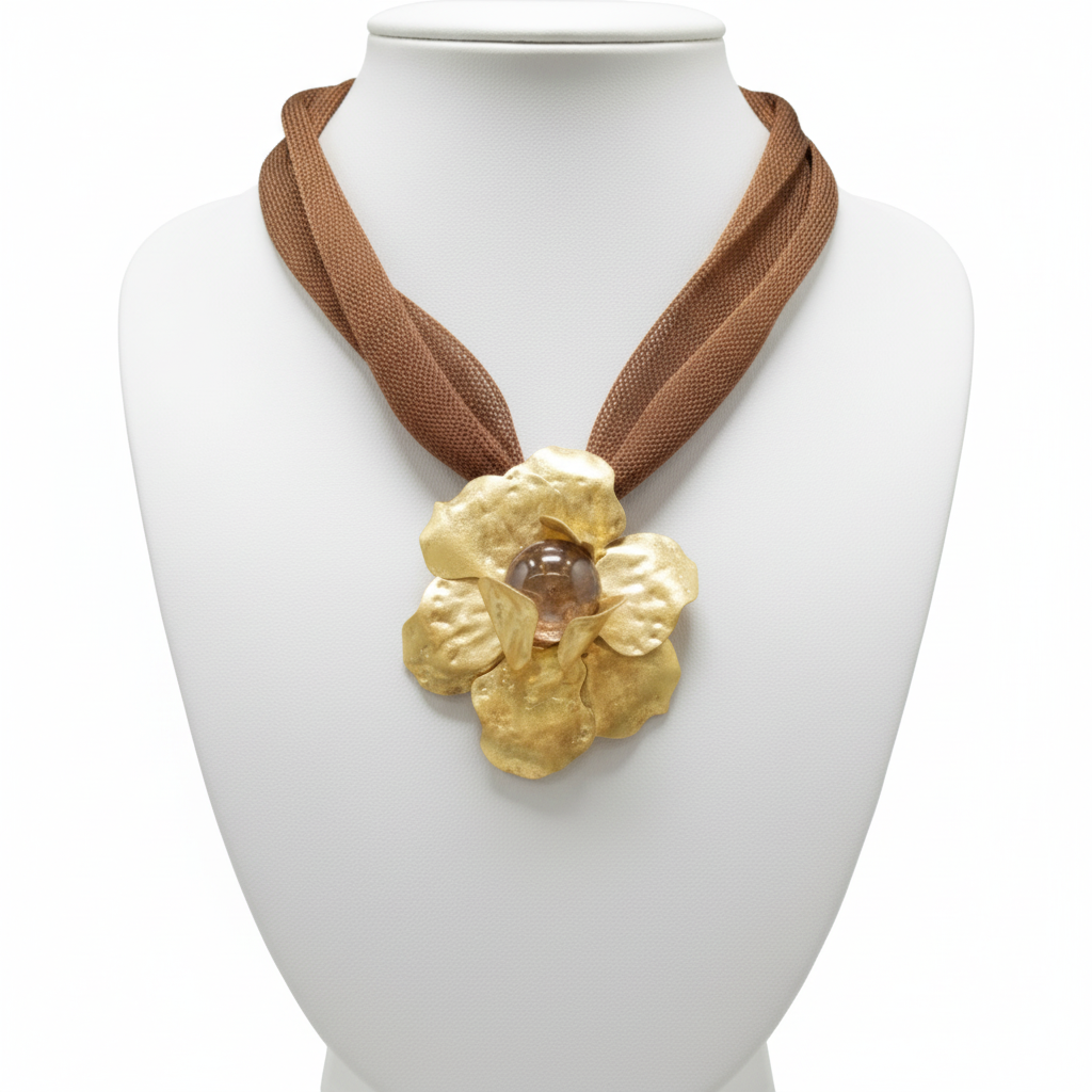 Collar flor dorada en expositor blanco joyeria-osnor acero 