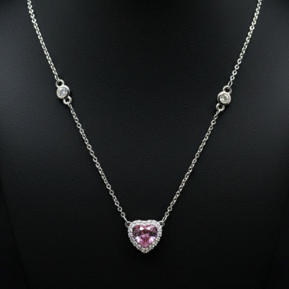 Collar Gargantilla Corazón Circonita Rosa · Acero Plateado