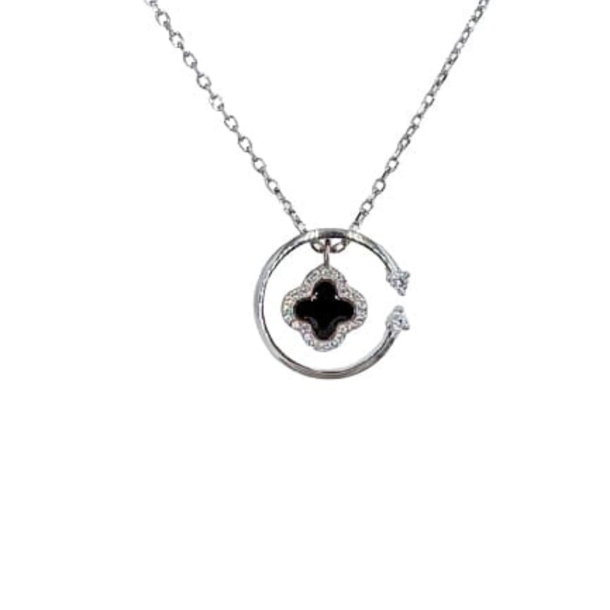 Collar Gargantilla Trébol Plata con Rodio Colgante Circular con Esmalte Negro y Circonitas. Joyeria Osnor