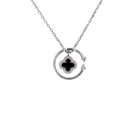 Collar Gargantilla Trébol Plata con Rodio Colgante Circular con Esmalte Negro y Circonitas. Joyeria Osnor