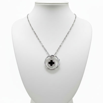 Collar Gargantilla Trébol Plata con Rodio Colgante Circular con Esmalte Negro y Circonitas. Joyeria Osnor