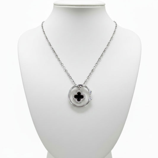 Collar Gargantilla Trébol Plata con Rodio Colgante Circular con Esmalte Negro y Circonitas. Joyeria Osnor