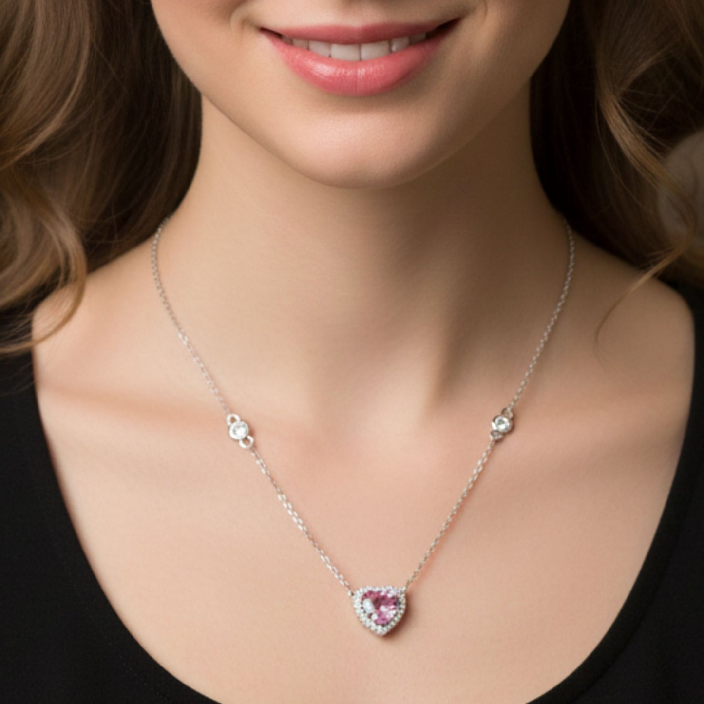 Collar Gargantilla Corazón Circonita Rosa · Acero Plateado