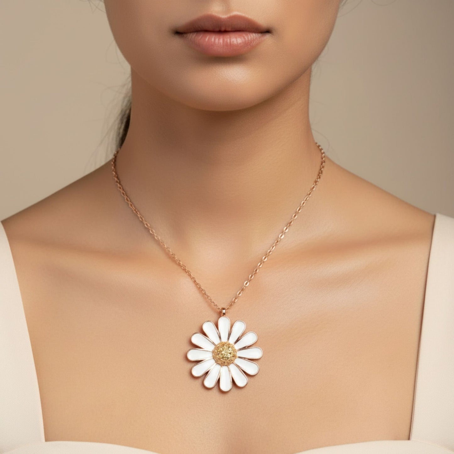Mujer Luciendo Collar Gargantilla Margarita Plata 925 Baño Oro Rosa Colgante Flor con Circonitas. Joyeria Osnor