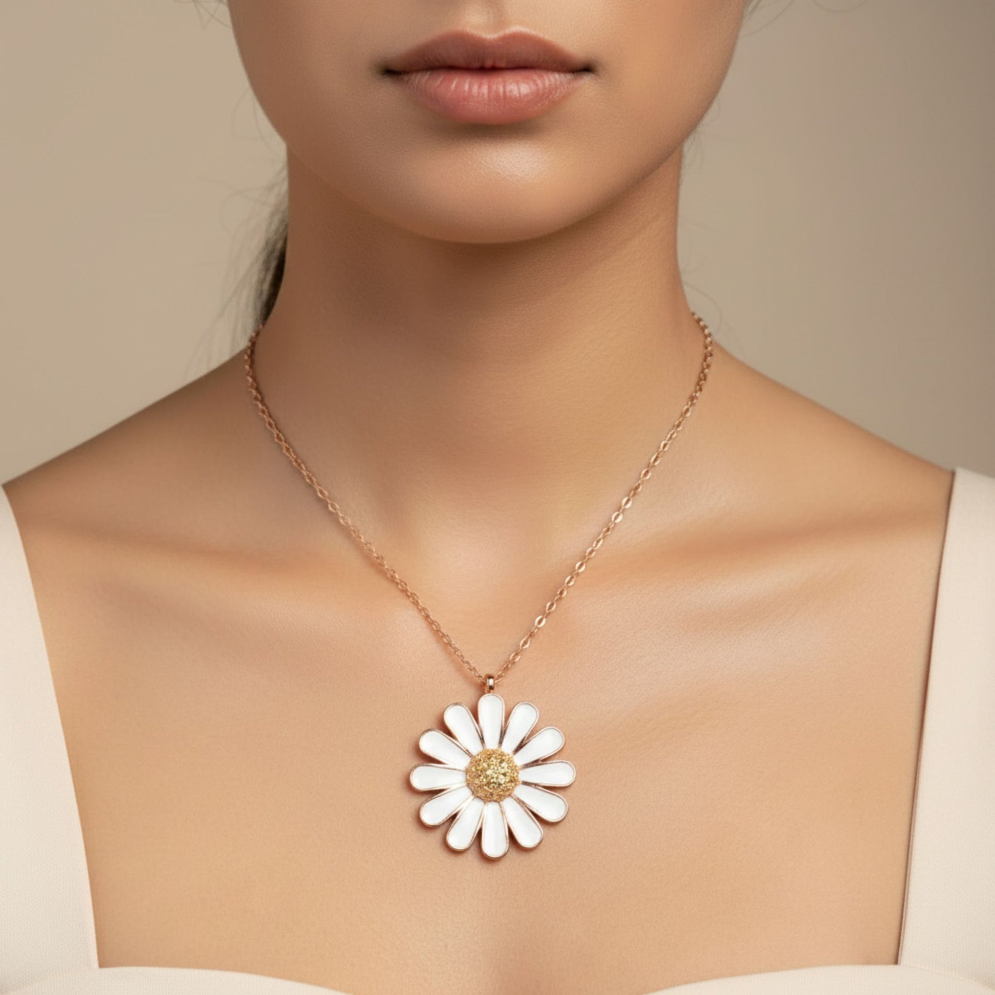 Mujer Luciendo Collar Gargantilla Margarita Plata 925 Baño Oro Rosa Colgante Flor con Circonitas. Joyeria Osnor