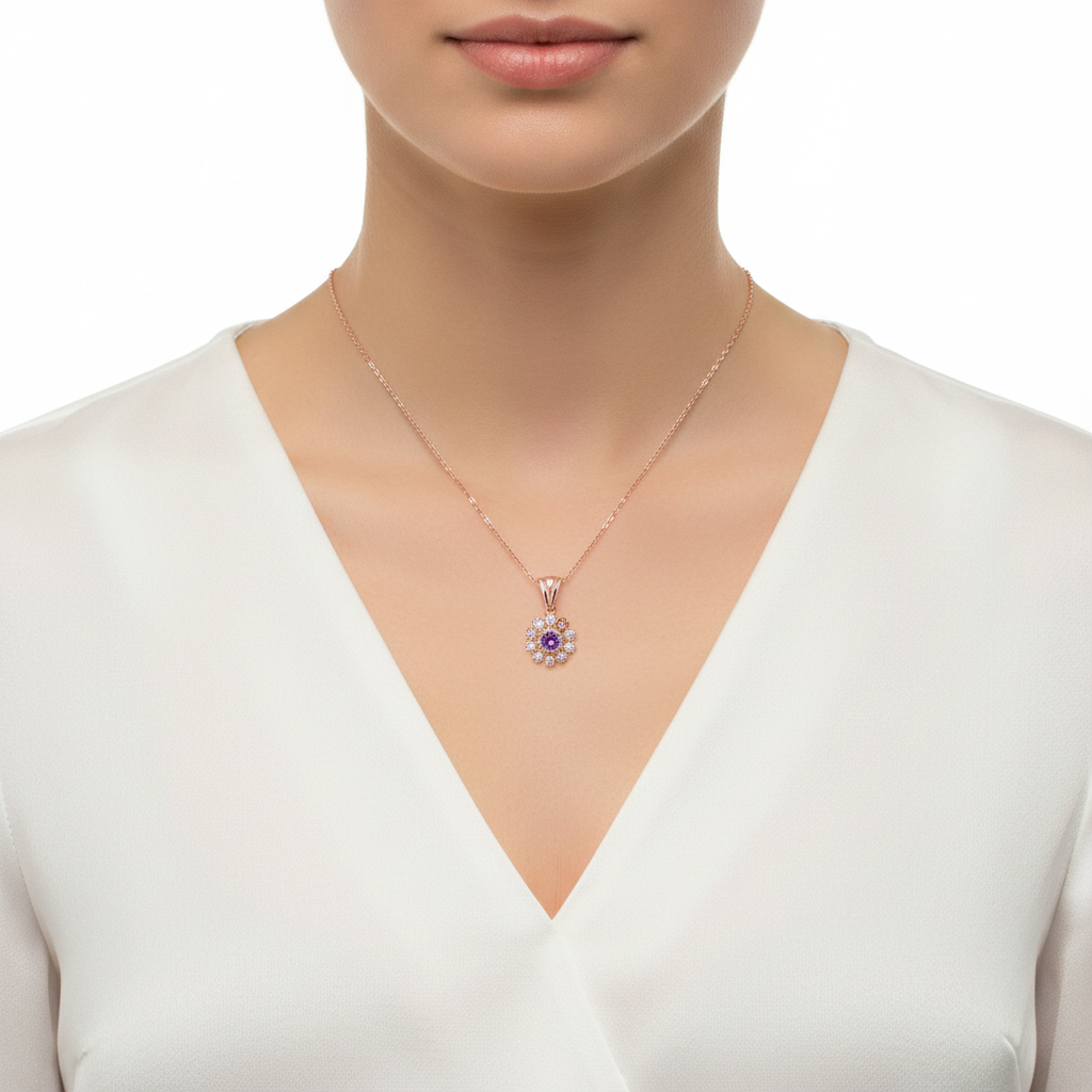 Mujer Luciendo Collar Gargantilla Plata 925 Flor con Amatista y Circonitas · Baño Oro Rosa Joyeria Osnor