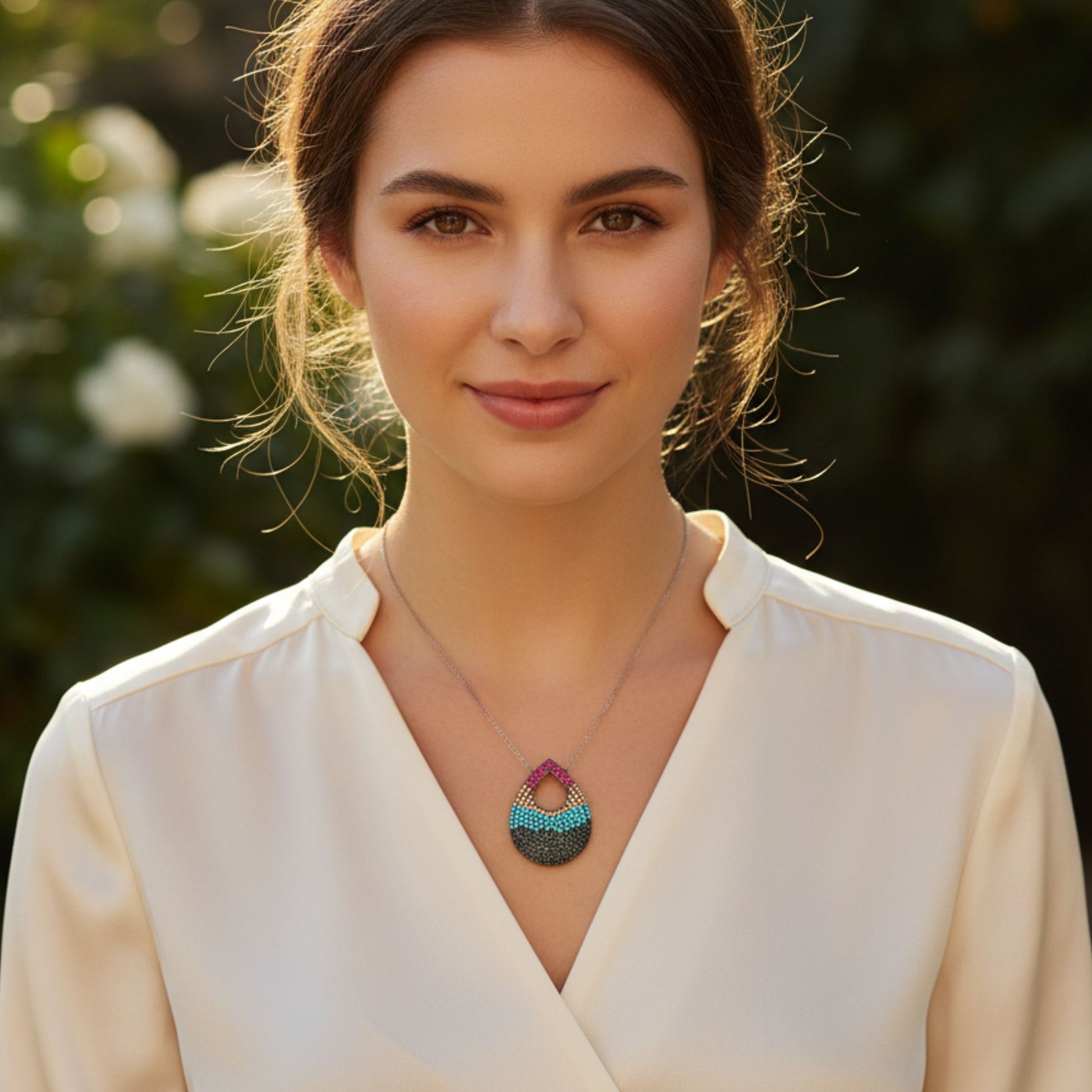Mujer Luciendo Collar Gargantilla Plata 925 Gota Multicolor Turquesa Natural y Circonitas. Joyeria Osnor
