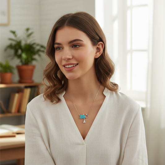 Mujer Luciendo Collar Gargantilla Plata 925 Paloma con Turquesas y Solitario · Símbolo de Libertad· Joyeria Osnor