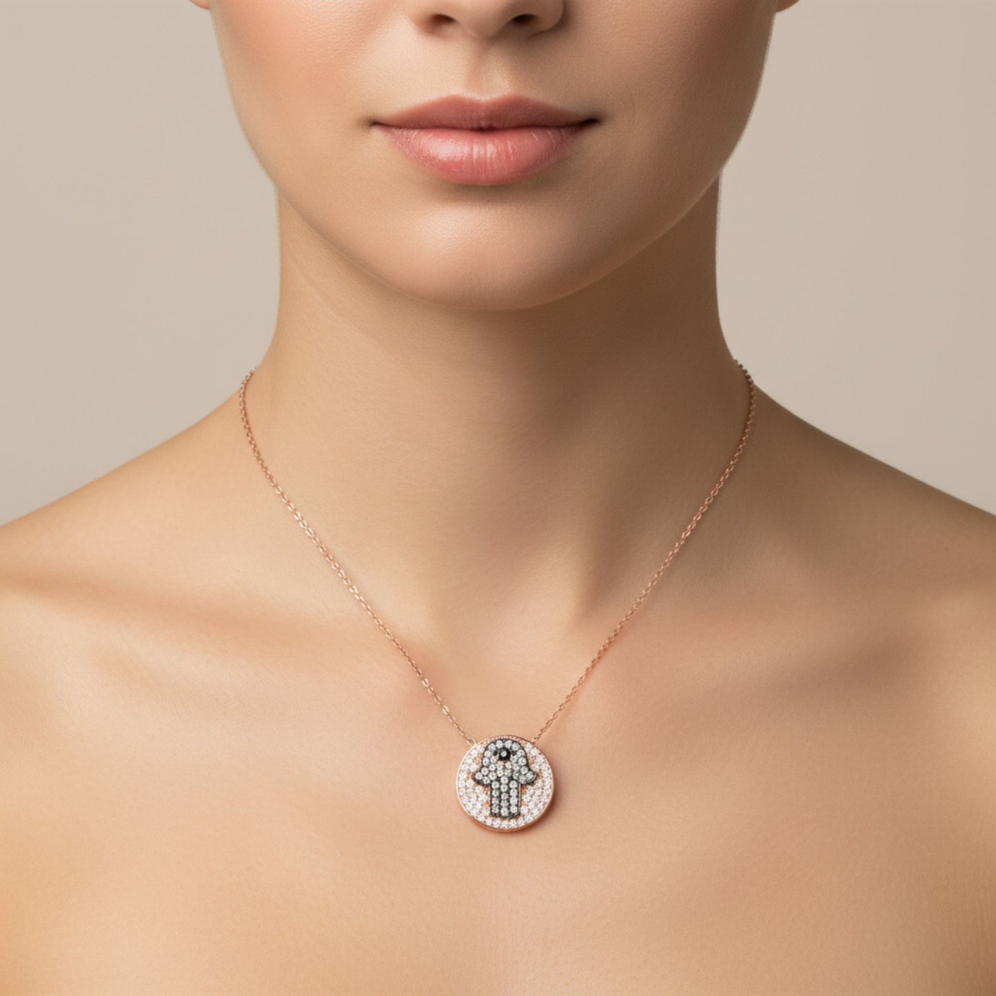 Collar Gargantilla Mujer Plata 925 Mano de Fátima Hamsa · Baño Oro Rosa y Circonitas Joyeria Osnor