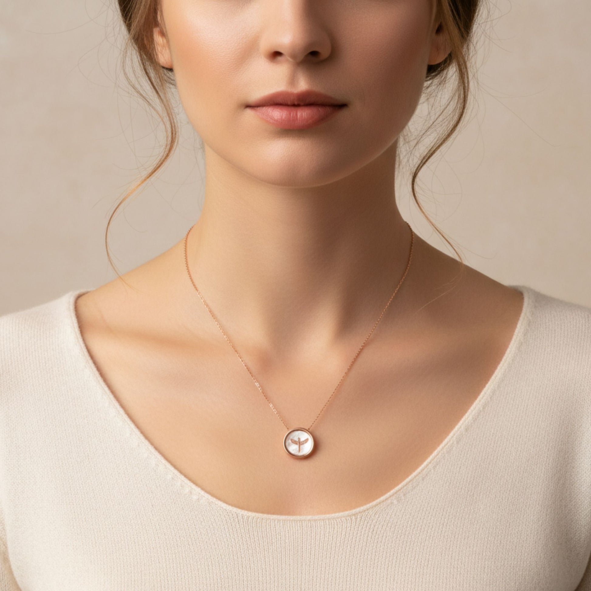 Mujer Luciendo Collar Gargantilla Medalón Libélula · Plata 925 Baño Oro Rosa con Nácar. Joyeria Osnor