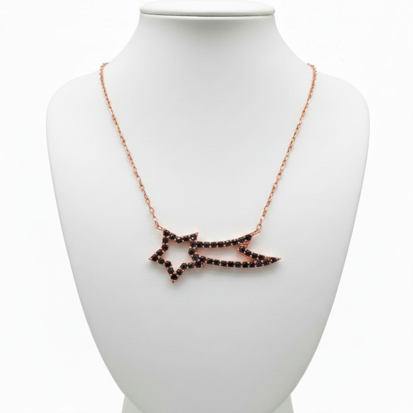 Collar Estrella Fugaz Plata con Acabado Oro Rosa y Circonitas Negras. Joyeria Osnor
