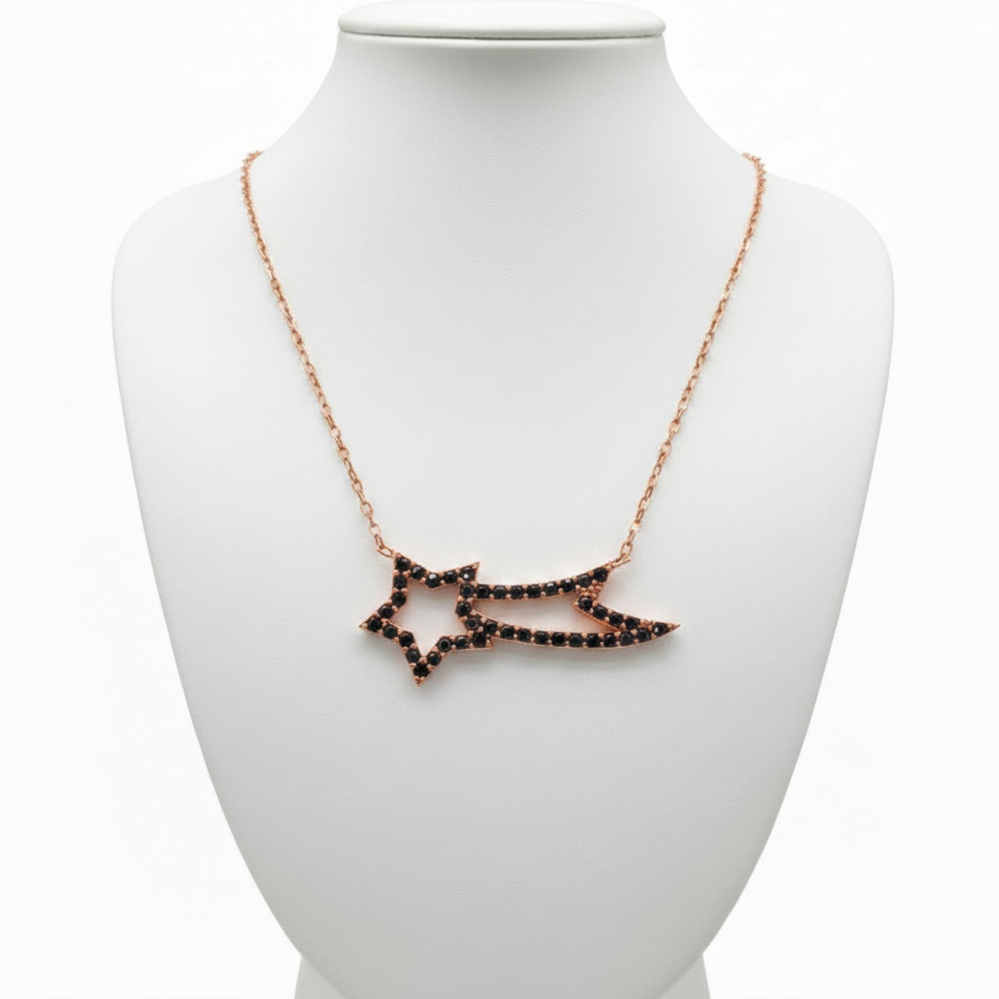 Collar Estrella Fugaz Plata con Acabado Oro Rosa y Circonitas Negras. Joyeria Osnor