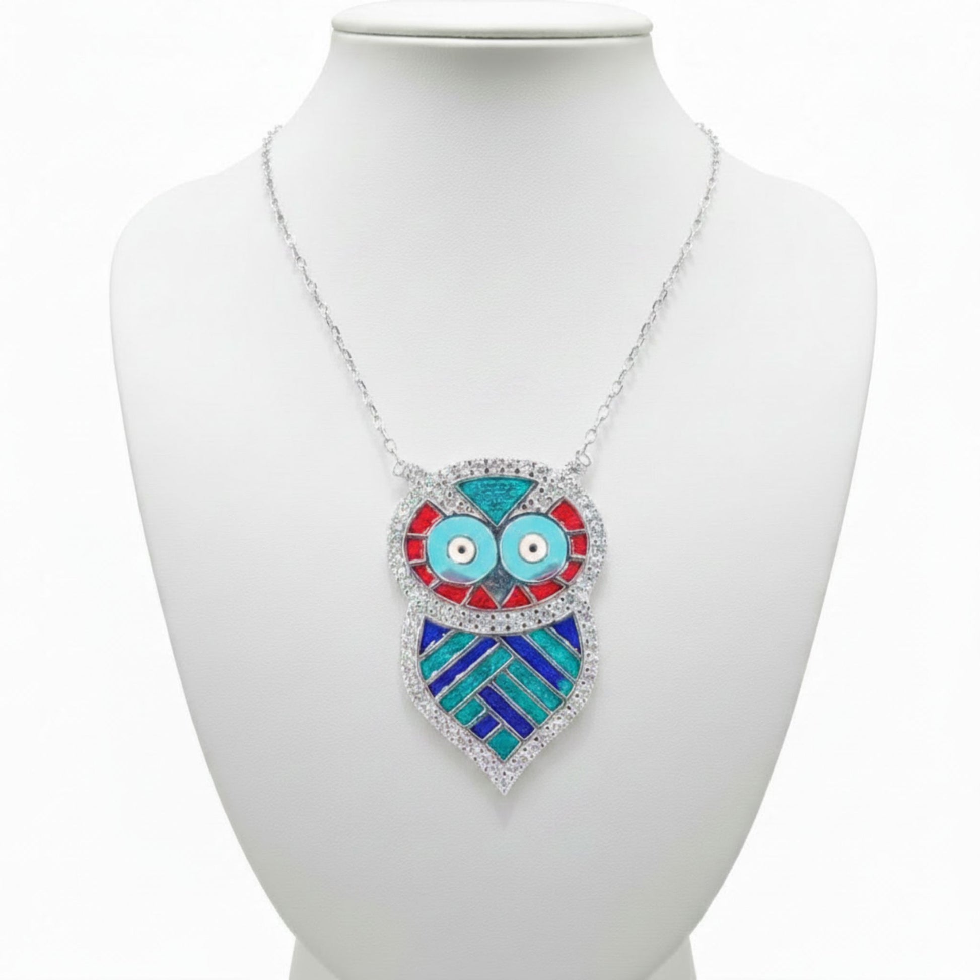 Collar Gargantilla Plata 925 Búho Multicolor con Esmalte y Circonitas Blancas. Joyeria Osnor