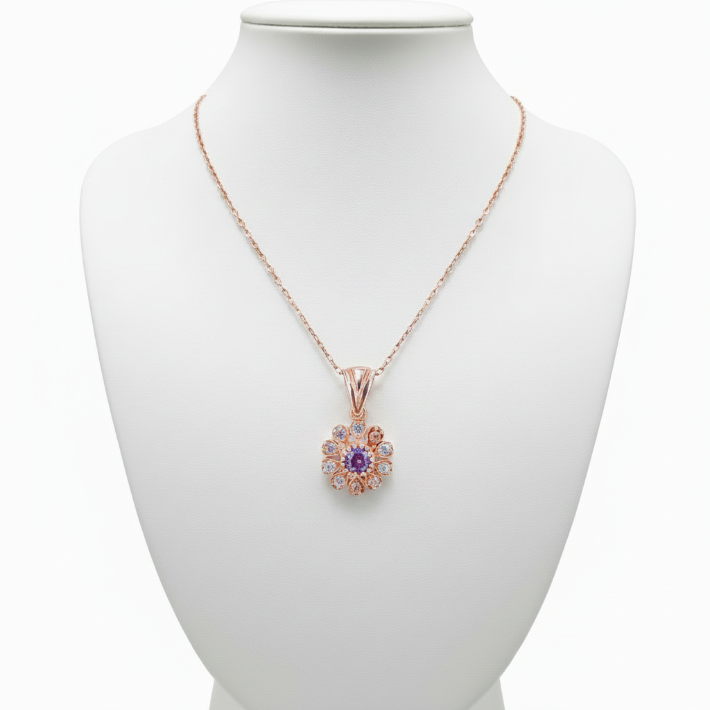 Collar Gargantilla Plata 925 Flor con Amatista y Circonitas · Baño Oro Rosa Joyeria Osnor
