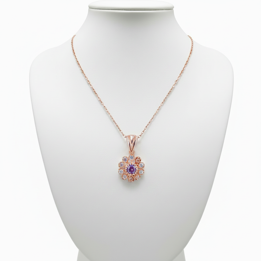 Collar Gargantilla Plata 925 Flor con Amatista y Circonitas · Baño Oro Rosa Joyeria Osnor
