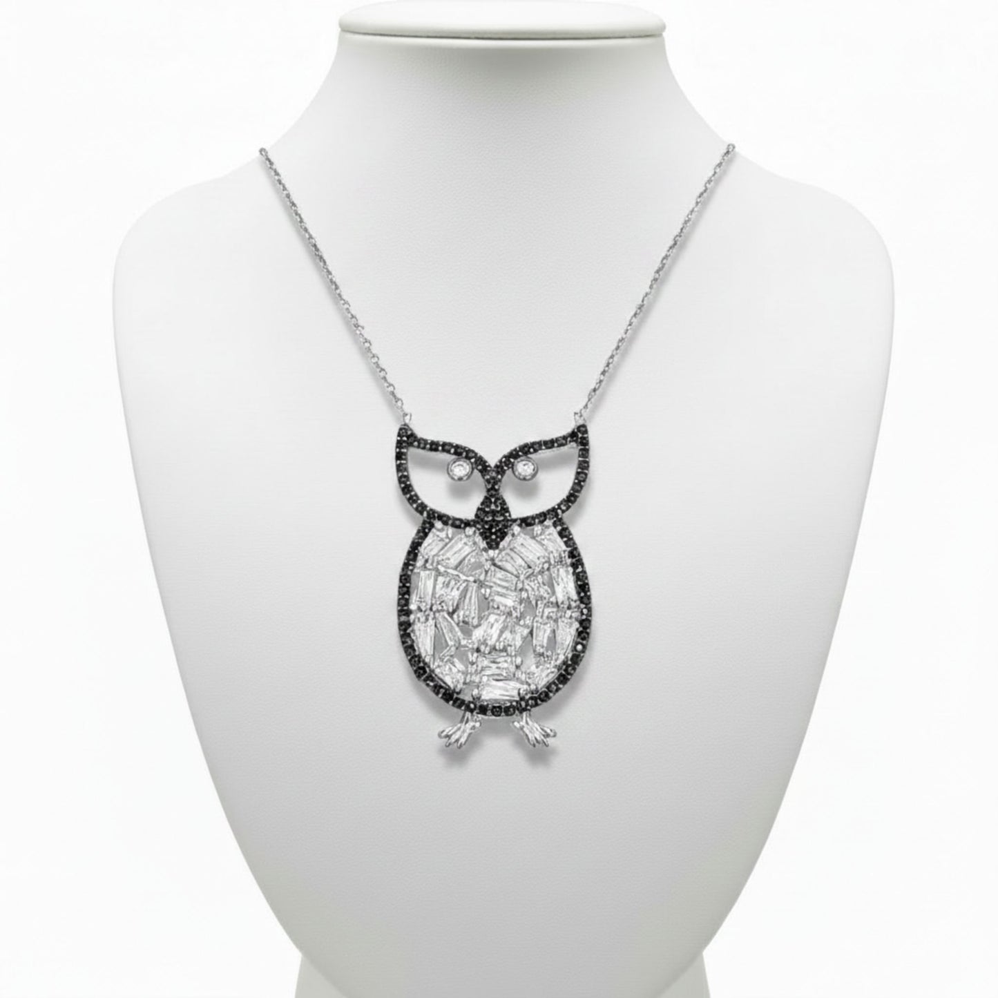 Collar Gargantilla Plata 925 Búho con Circonitas Blancas y Negras. Joyeria Osnor