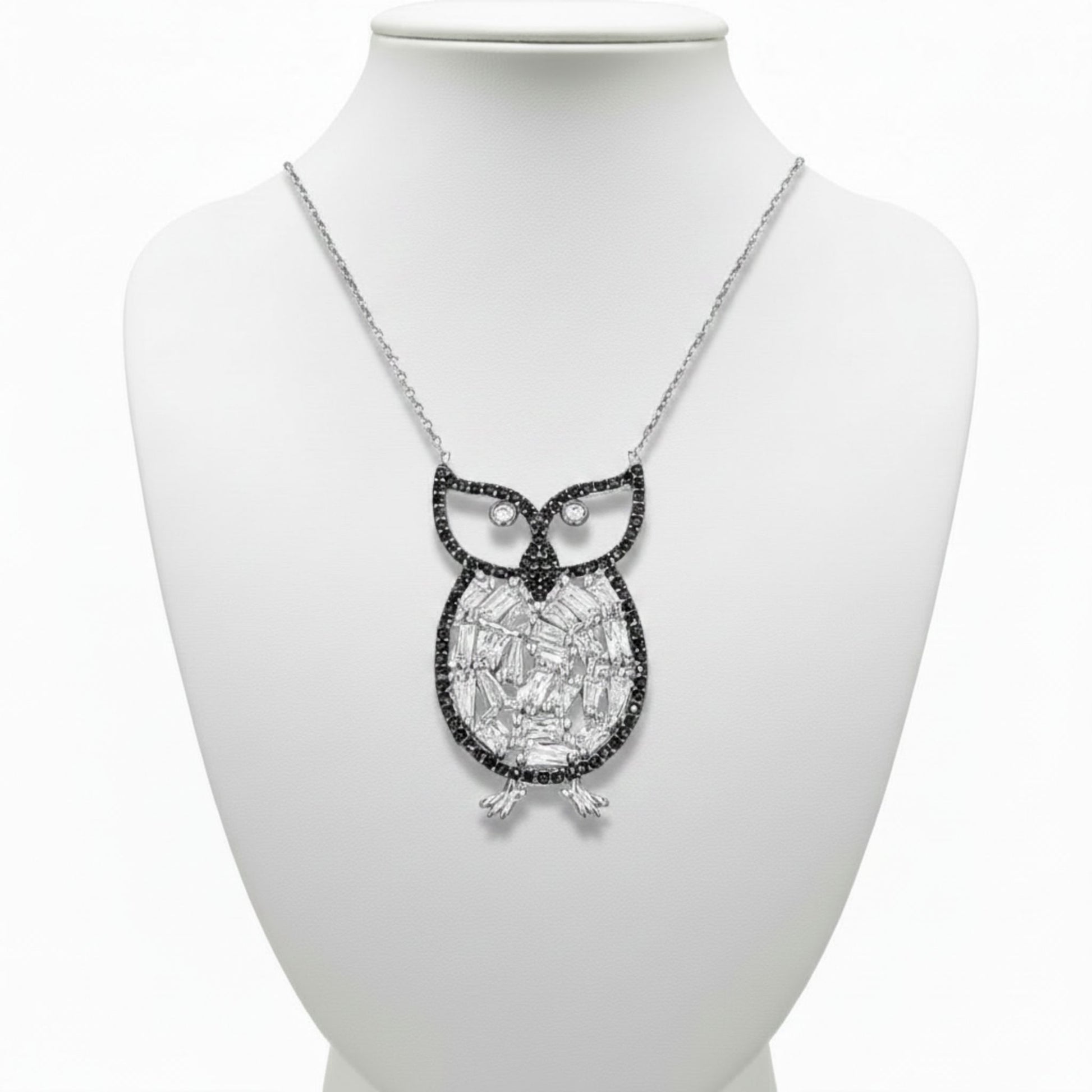 Collar Gargantilla Plata 925 Búho con Circonitas Blancas y Negras. Joyeria Osnor