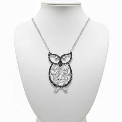 Collar Gargantilla Plata 925 Búho con Circonitas Blancas y Negras. Joyeria Osnor