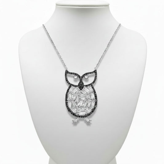 Collar Gargantilla Plata 925 Búho con Circonitas Blancas y Negras. Joyeria Osnor