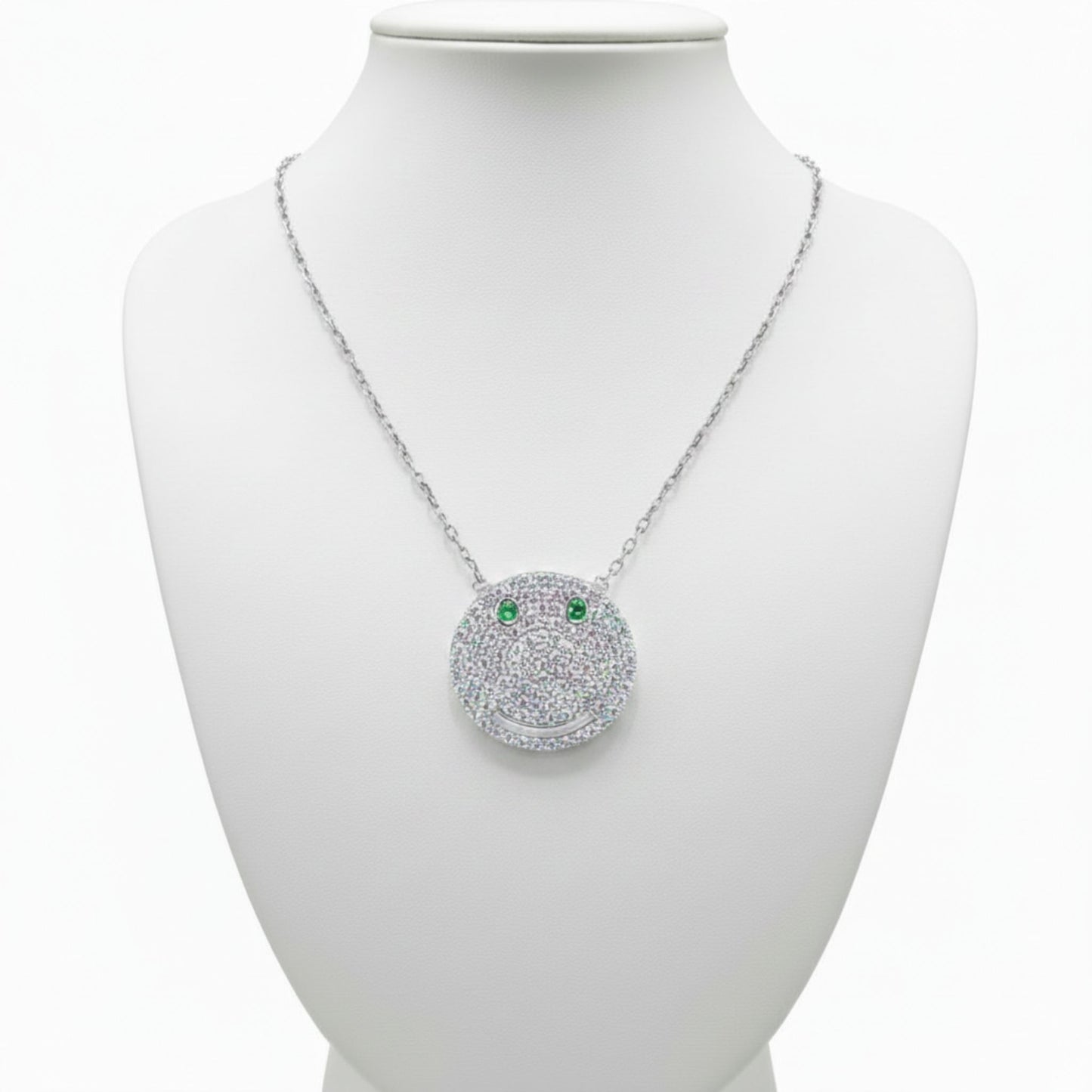 Collar Gargantilla Smiley · Plata 925 Acabado Rodio con Circonitas Blancas y Ojos Verdes. Joyeria Osnor