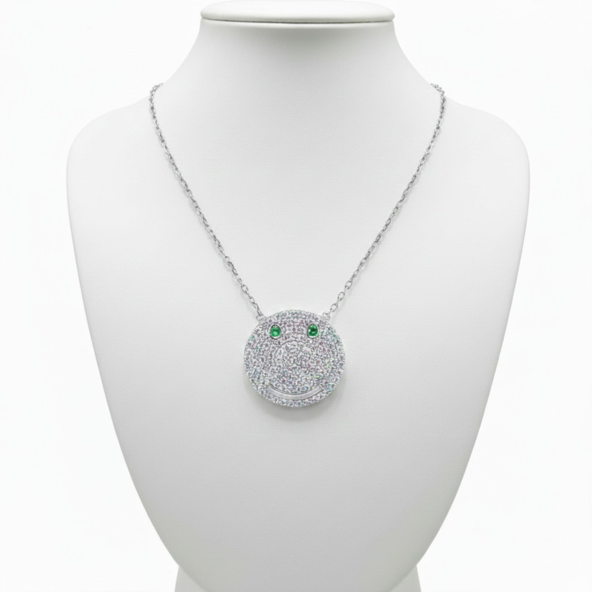 Collar Gargantilla Smiley · Plata 925 Acabado Rodio con Circonitas Blancas y Ojos Verdes. Joyeria Osnor