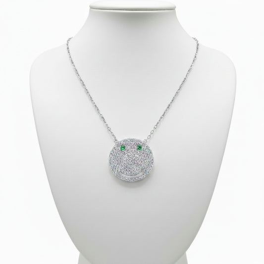 Collar Gargantilla Smiley · Plata 925 Acabado Rodio con Circonitas Blancas y Ojos Verdes. Joyeria Osnor