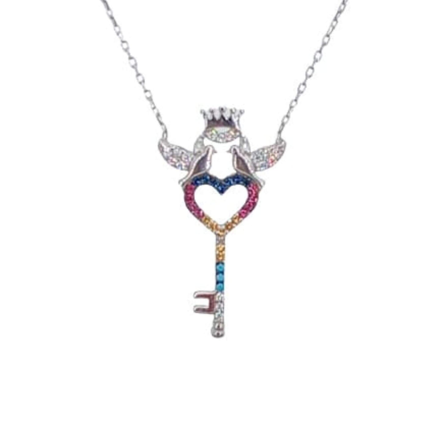 Collar Gargantilla Plata 925 Acabado en Rodio · Llave Corazón con Palomas, Corona y Circonitas Multicolor Joyeria Osnor