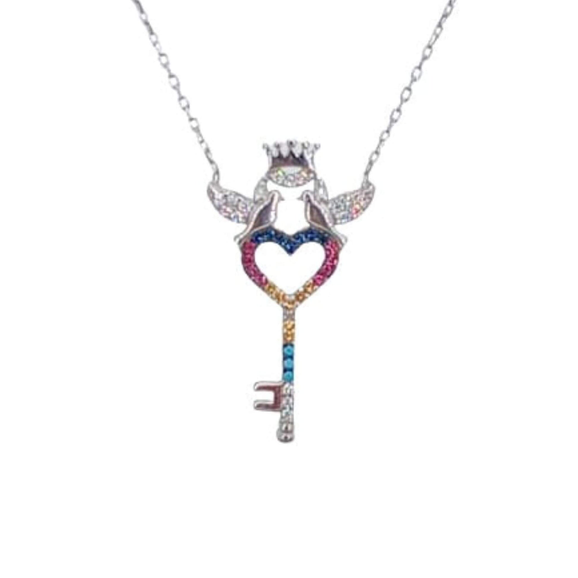 Collar Gargantilla Plata 925 Acabado en Rodio · Llave Corazón con Palomas, Corona y Circonitas Multicolor Joyeria Osnor