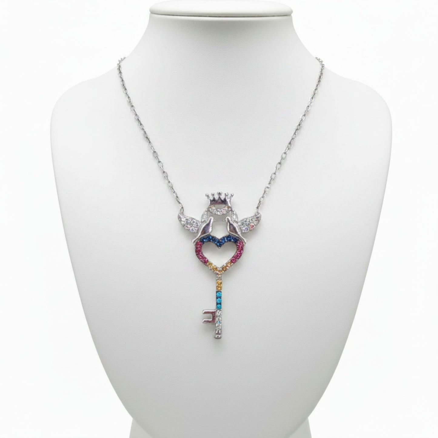 Collar Gargantilla Plata 925 Acabado en Rodio · Llave Corazón con Palomas, Corona y Circonitas Multicolor Joyeria Osnor
