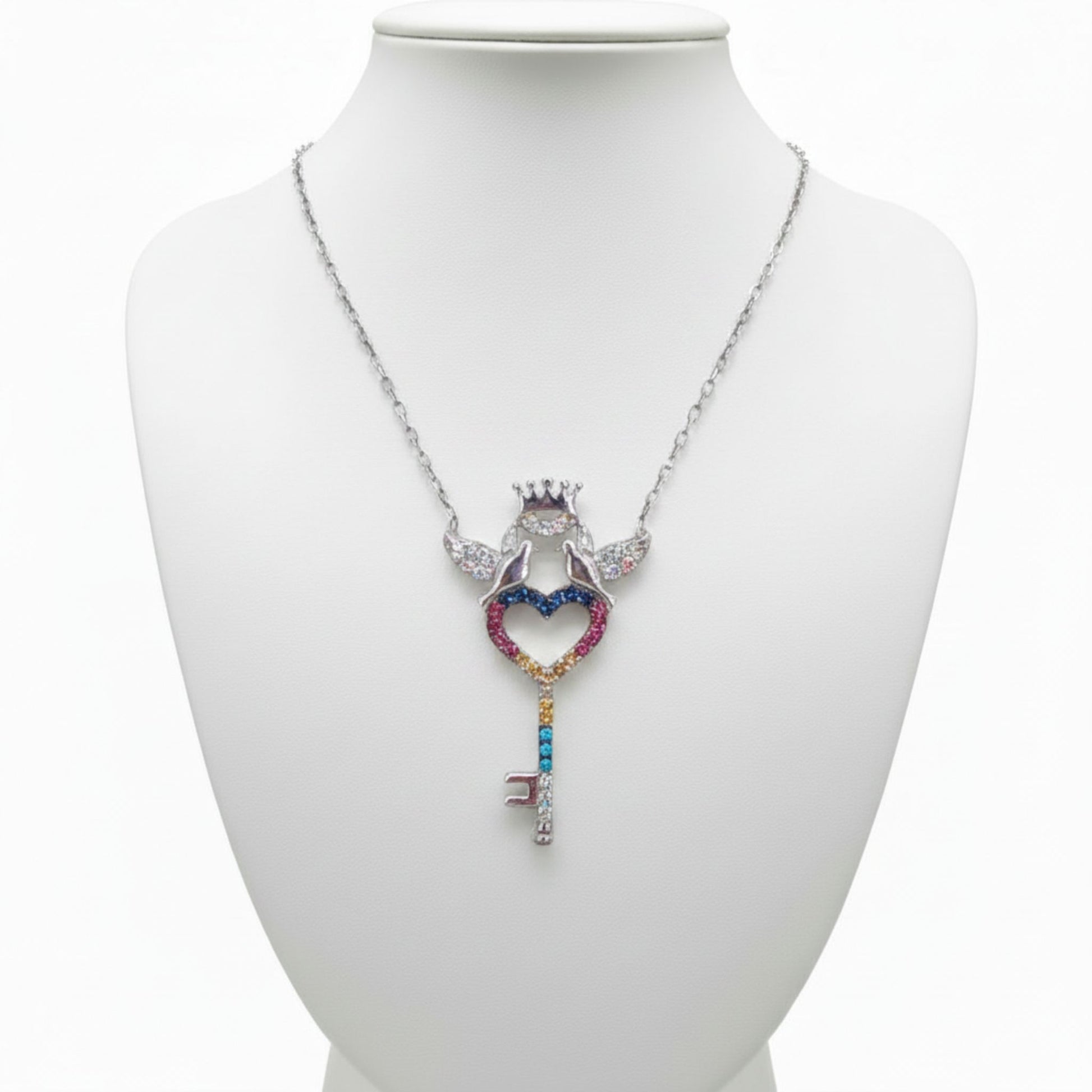 Collar Gargantilla Plata 925 Acabado en Rodio · Llave Corazón con Palomas, Corona y Circonitas Multicolor Joyeria Osnor