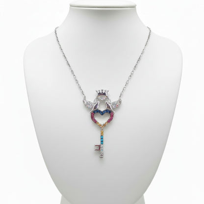 Collar Gargantilla Plata 925 Acabado en Rodio · Llave Corazón con Palomas, Corona y Circonitas Multicolor Joyeria Osnor