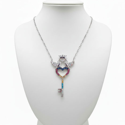 Collar Gargantilla Plata 925 Acabado en Rodio · Llave Corazón con Palomas, Corona y Circonitas Multicolor Joyeria Osnor