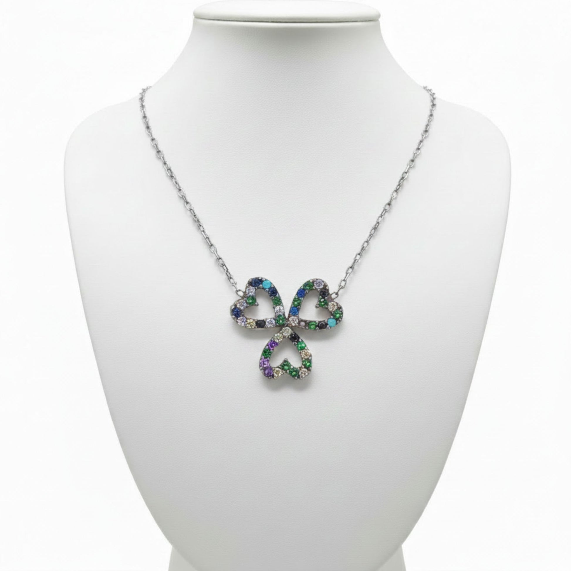 Collar Gargantilla Trébol Corazón · Plata 925 Rodio con Circonitas Multicolor. Joyeria Osnor