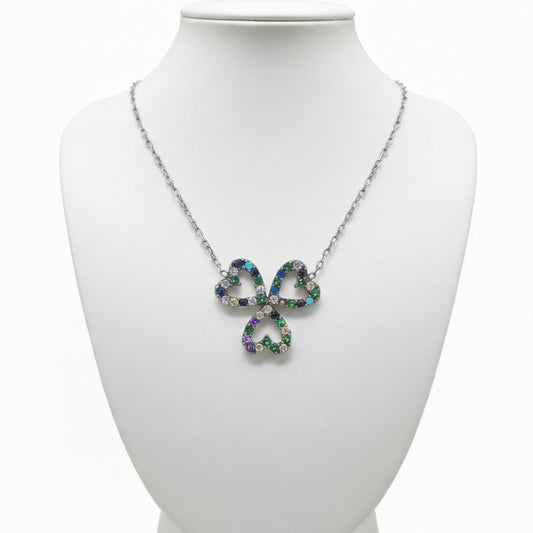 Collar Gargantilla Trébol Corazón · Plata 925 Rodio con Circonitas Multicolor. Joyeria Osnor