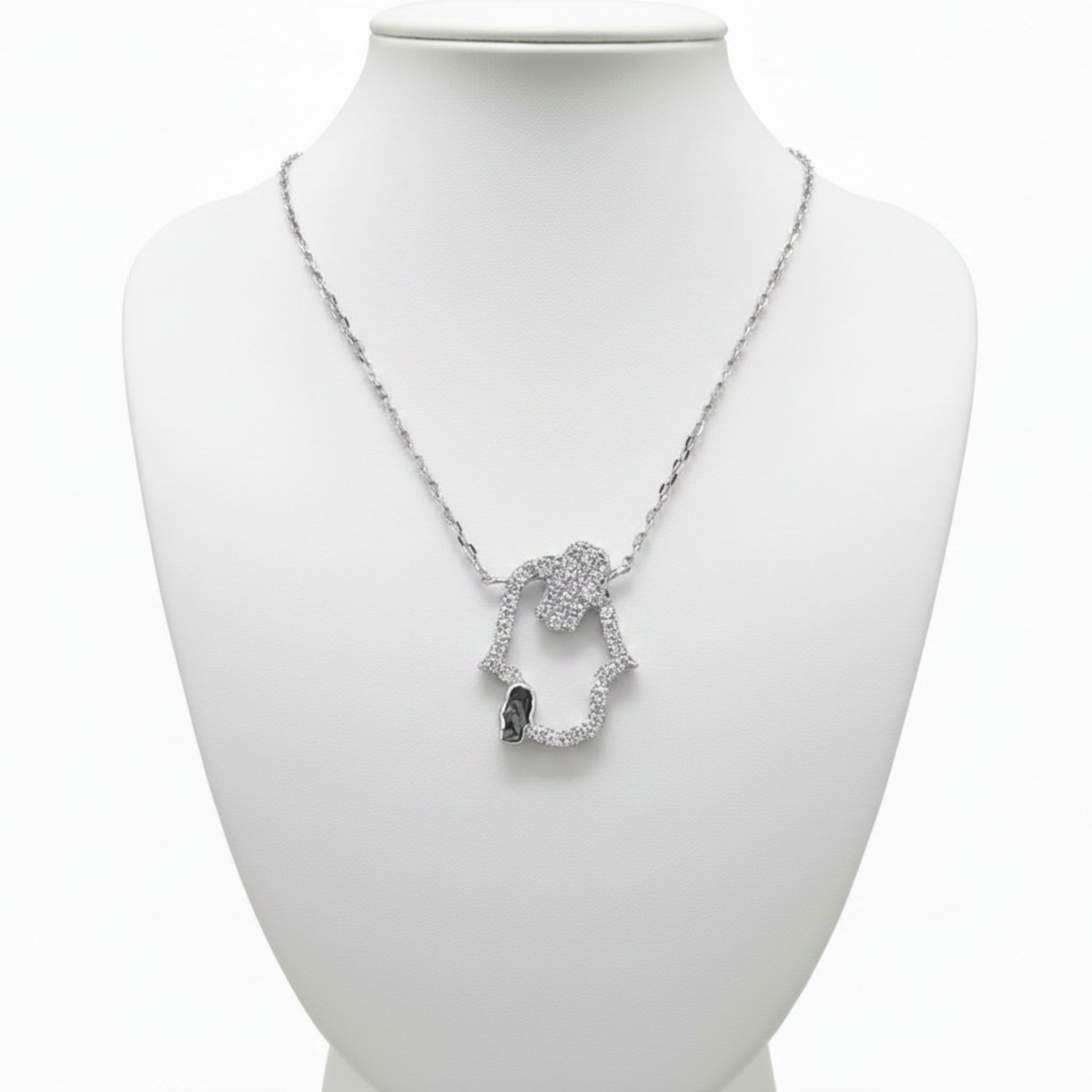 Collar Gargantilla Plata 925 Mano de Fátima Hamsa Calada con Circonitas Blancas Joyeria Osnor