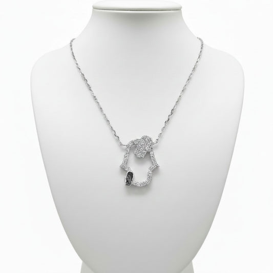 Collar Gargantilla Plata 925 Mano de Fátima Hamsa Calada con Circonitas Blancas Joyeria Osnor