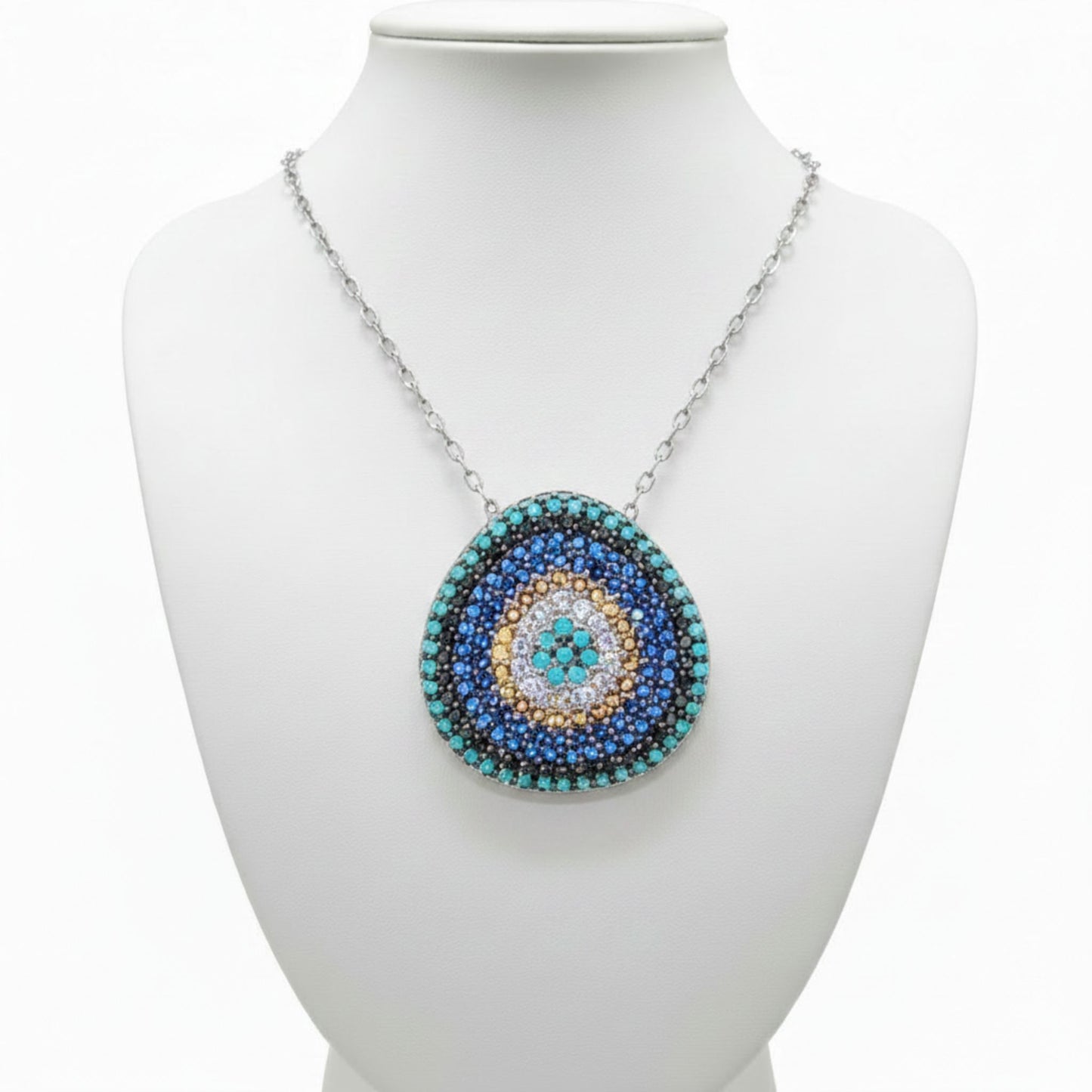 Collar Gargantilla Medallón Plata 925 Rodio · Turquesa Natural y Circonitas Multicolor. Joyeria Osnor