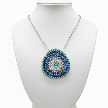 Collar Gargantilla Medallón Plata 925 Rodio · Turquesa Natural y Circonitas Multicolor. Joyeria Osnor