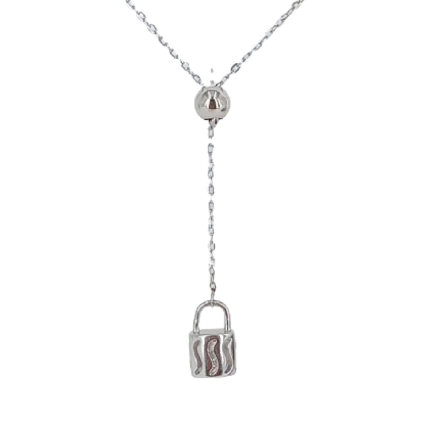 Collar Gargantilla Tipo Y Plata Rodio con Colgante Candado Texturizado. Joyeria Osnor