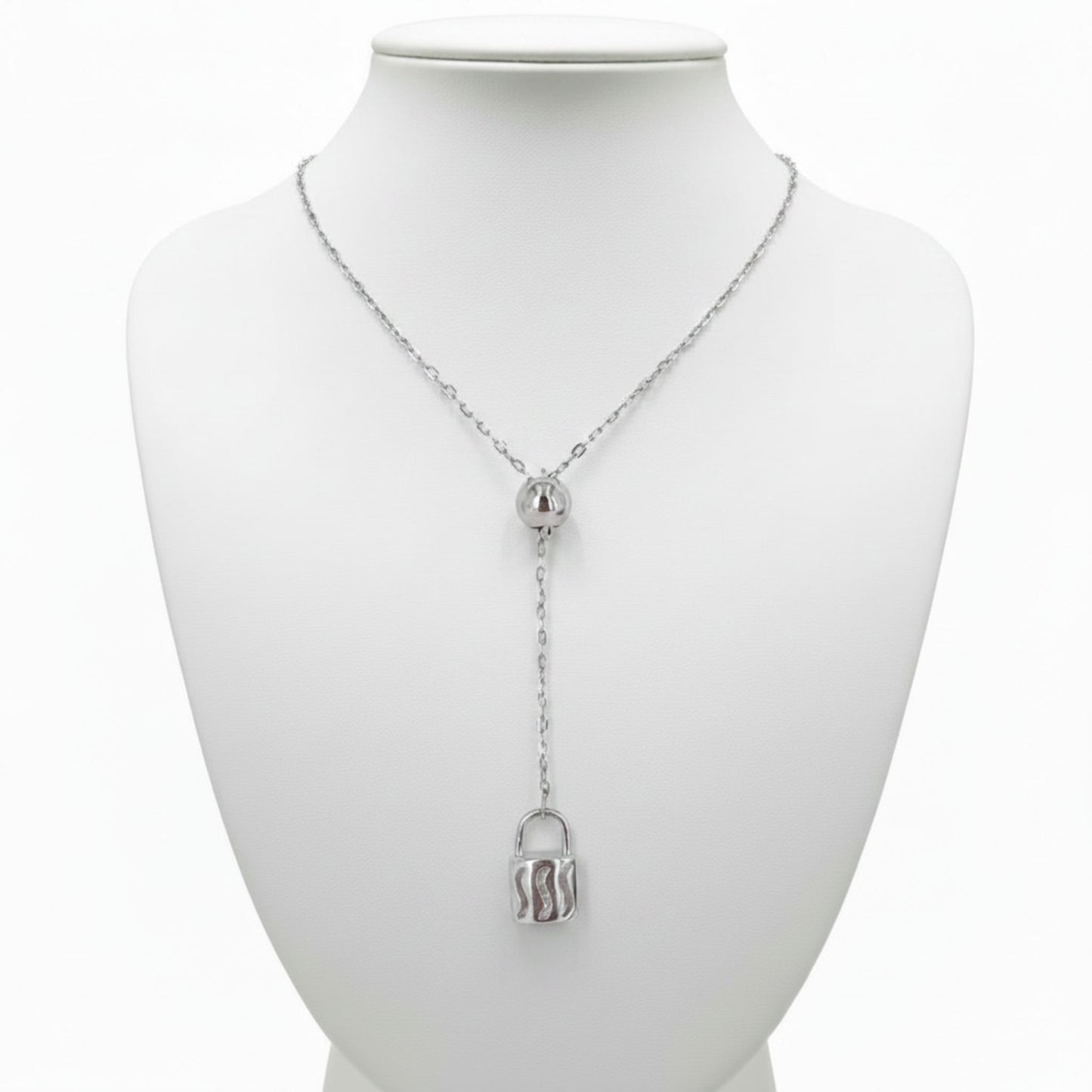Collar Gargantilla Tipo Y Plata Rodio con Colgante Candado Texturizado. Joyeria Osnor